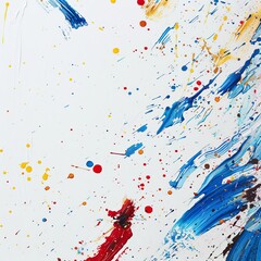 Canvas Print - An abstract composition of blue, red, and yellow paint splashes on a white canvas, conveying dynamic artistic expression and creativity.