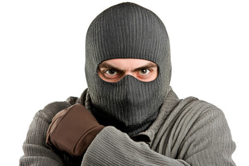 A masked individual dressed in grey clothing stands with a clenched fist, conveying a sense of intimidation or readiness, set on a transparent background for versatile applications