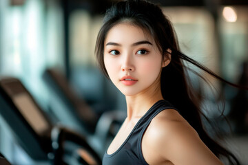 beautiful woman working out at gym, running on treadmill and doing fitness exercises. healthy concept 