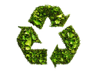 Recycle symbol made of green foliage isolated on transparent or white background