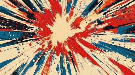 Wall Mural - Dynamic comic explosion featuring a red burst with sharp, jagged lines, accented by blue and cream streaks and dotted patterns.