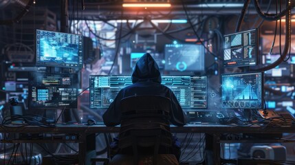 The hacker at powerful workstation