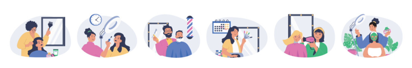 Poster - Beauty salon concept set in flat design for web. Collection with people doing haircut and hairstyle, women gets facial skin treatments, man gets beard procedure in barbershop. Vector illustration.