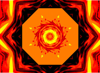 A vivid, geometric design features a swirling central pattern in yellow and red, radiating outward to create an octagonal frame. Bold, fiery colors dominate the image, creating a sense of movement .