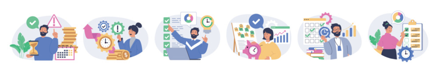 Poster - Time management concept set in flat design for web. Collection with people managing daily schedule with calendar, planning tasks in checklists, making work efficiency to deadline. Vector illustration.