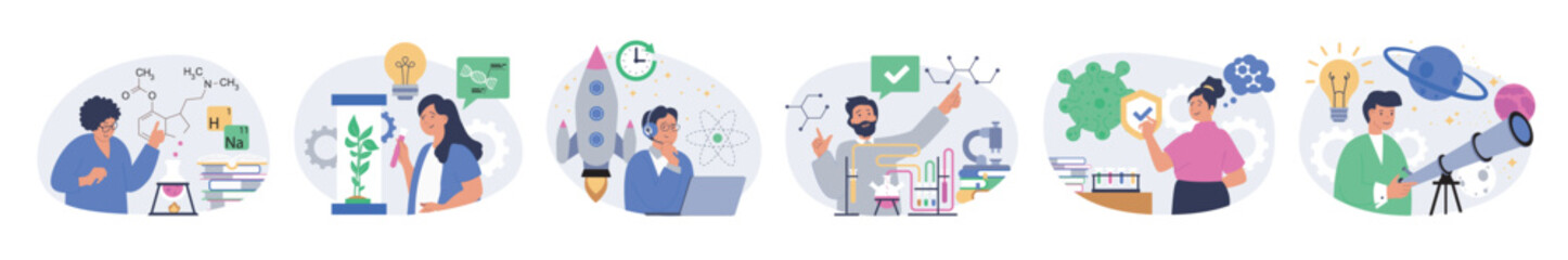 Aufkleber - Science lab concept set in flat design for web. Collection with people making chemical research in flask, learning plants or viruses, working at astronomy engineering programs. Vector illustration.