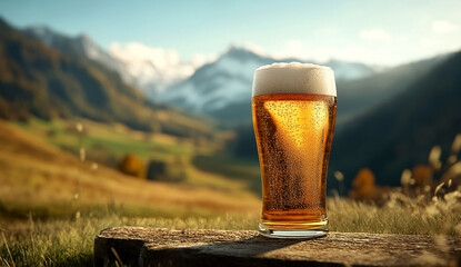 A glass of beer with mountains in the background