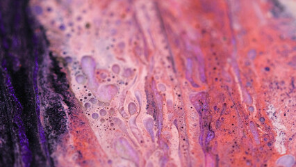 Wall Mural - Paint drip. Shimmer ink. Bubbles texture. Defocused purple pink black color spill sparkling fluid water drop flow motion abstract art background.