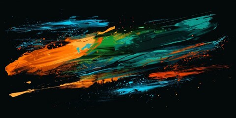 Canvas Print - This image features dynamic and vibrant brush strokes of blue, green, and orange hues against a deep dark background.