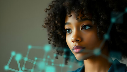 Wall Mural - A young African American woman with curly hair, looking thoughtful with a digital interface overlay