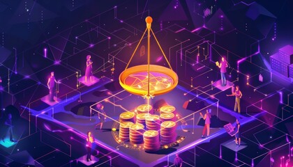 Depiction of a digital scale weighing coins, symbolizing economic balance and financial decision-making in a futuristic set-up.