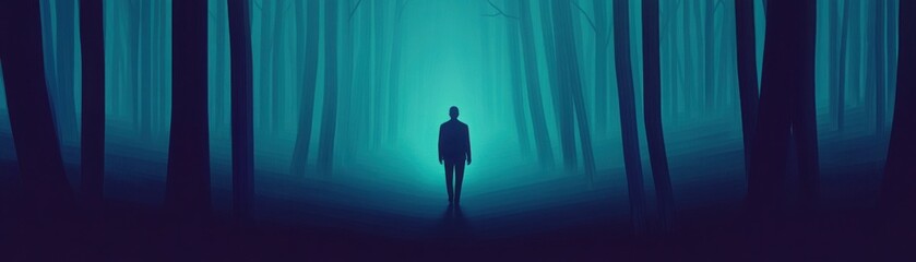 Wall Mural - a solitary figure walking through a dark forest with a faint light emerging in the distance, represe