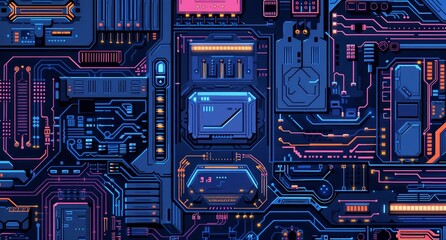 Canvas Print - A visually striking circuit board with intricate designs and vibrant neon colors, evoking a futuristic feel.