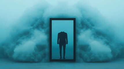 Wall Mural - a figure trapped inside a glass box surrounded by dark, swirling clouds, symbolizing the feeling of 