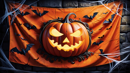 Wall Mural - Halloween-themed scene with a large, carved pumpkin in the center featuring a menacing face, surrounded by flying bats and cobwebs against an orange backdrop with a stone wall in the background