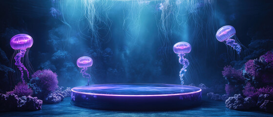 A mesmerizing underwater scene featuring glowing jellyfish illuminated by ethereal lights, creating a dreamlike aquatic atmosphere.