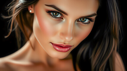 Wall Mural - Beauty portrait of a young woman in studio on dark background. Sexy portrait of sensual young topless woman. Beautiful eyes, lips, hair clean fresh skin. Girl face care. Facial treatment. AI gen