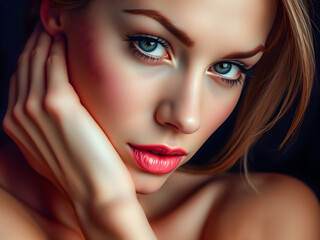 Wall Mural - Beauty portrait of a young woman in studio on dark background. Sexy portrait of sensual young topless woman. Beautiful eyes, lips, hair clean fresh skin. Girl face care. Facial treatment. AI gen