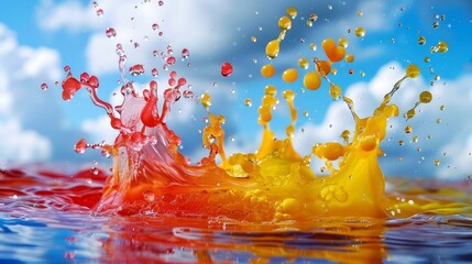 Canvas Print - Dynamic image capturing mid-air collision of red, yellow, and orange color splashes, contrasting vividly against a blue sky.