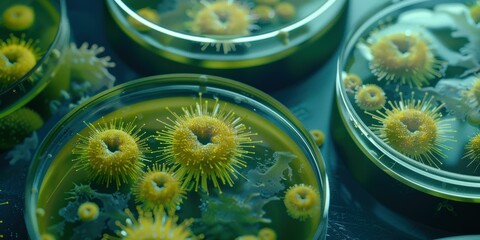 Poster - Close-up of  dishes with yellow cultures. AI.