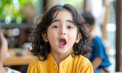 Sticker - A young girl with curly hair looks surprised. AI.