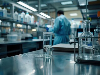 Sticker - A clear glass beaker sits on a stainless steel table in a laboratory. AI.