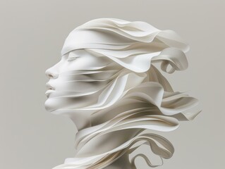 Wall Mural - A sculpted face made of paper, with flowing, layered folds. AI.