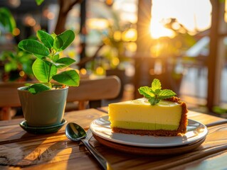 Poster - A slice of cheesecake with a mint garnish on a plate, sitting on a wooden table. AI.