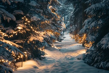 Snowy Forest with Christmas Lights on Trees