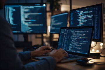 Monitor with program code and hands of man typing on keyboard in night office. Programmer working on software development project late at night