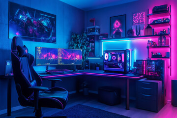 Interior of gaming room with modern computer and neon lighting. Playing cyber games and online entertainment concept.