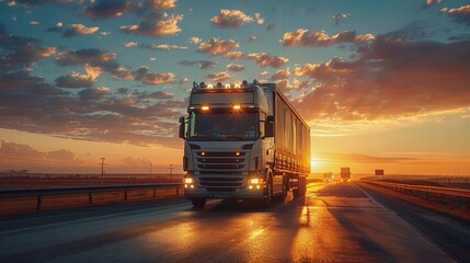 Wall Mural - Horse transport truck with two decks on a highway, captured with intense sunlight and motion blur, highlighting the dramatic journey in a high-quality, ultra-realistic style.