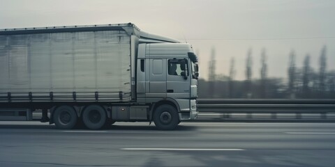 Unbranded European truck in motion, captured in a wide 2:1 aspect ratio, emphasizing the speed and efficiency of transportation in a dynamic and high-quality scene.