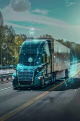 Wall Mural - Semi-truck with a teal trailer driving down a country highway, overlaid with logistic icons and graphs symbolizing technological advancement in transportation.