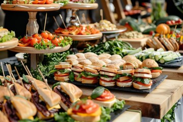 elegant catering buffet table with delicious sandwiches canapes and appetizers for celebration event