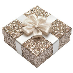 A glittery gold gift box adorned with a white ribbon and bow, perfect for celebrations, holidays, or special occasions. It stands out beautifully against a transparent background