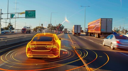 Wall Mural - Highway scene on a sunny day featuring a car with golden wave-like overlays symbolizing autonomous driving technology, surrounded by moving vehicles against an urban backdrop.