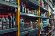 © NikoG - Close up of shelves in an auto parts store displaying a variety of items under natural light