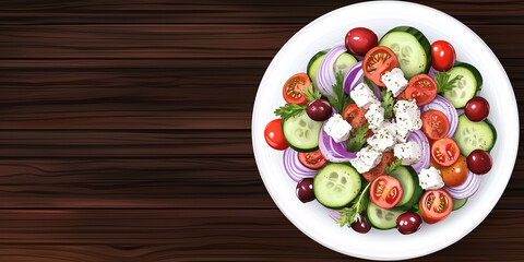 Wall Mural - Greek salad featuring cucumbers, tomatoes, red onions, olives, and crumbled feta cheese