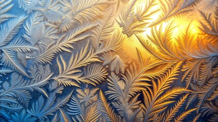 Close-up of intricate frost patterns on a glass surface with warm and cool light
