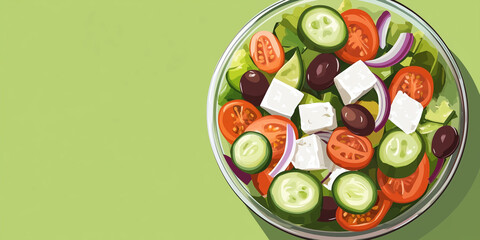 Poster - Greek salad in a glass bowl with cucumbers, tomatoes, red onions, olives, and feta cheese