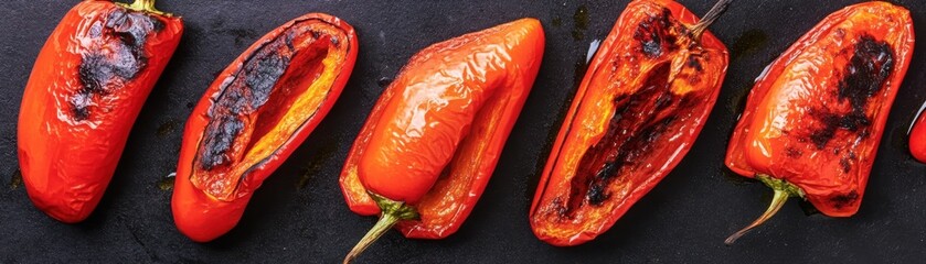 Juicy roasted red pepper slices, charred and sweet, served with a drizzle of olive oil, vibrant and smoky.