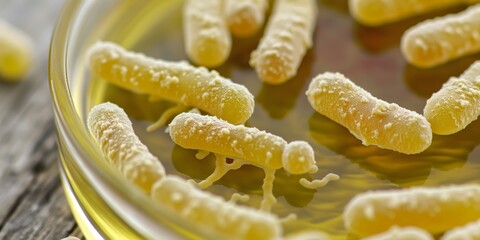 Close-up of yellow bacteria in a petri dish with a reflective surface and copy space