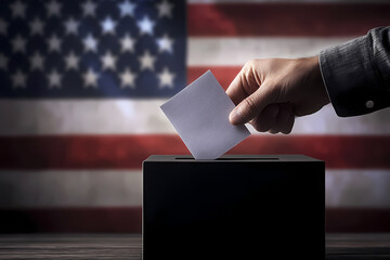 Voting in a ballot box with an American flag visible.