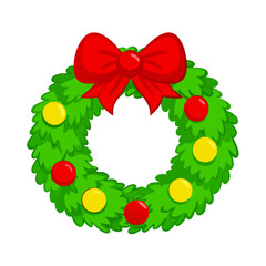 Christmas wreath with red bow and balls isolated on white background Vector illustration (6)