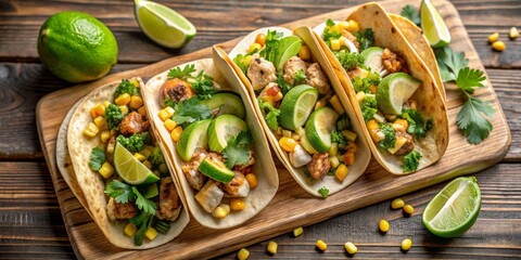 Mexican Food Photography - Close-up of Delicious Tacos with Corn, Cilantro and Limes, Food, Recipe, Mexican Cuisine, Tacos