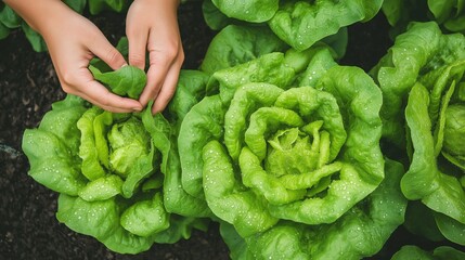 Canvas Print - A close-up of hands cutting a head of lettuce from a garden bed, with morning dew on the leaves and a soft green background