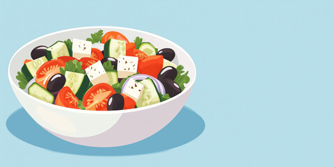 Wall Mural - Greek salad served in a round bowl with cucumbers, tomatoes, olives, onions, and feta cheese