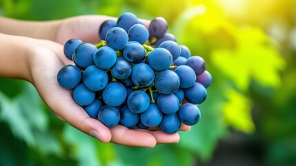 Canvas Print - A person holds a large bunch of freshly picked grapes, still attached to the vine, with sunlight filtering through green leaves in the background