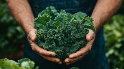 Canvas Print - A person's hands hold a large bunch of freshly harvested kale, glistening with dew, against a blurred green garden background